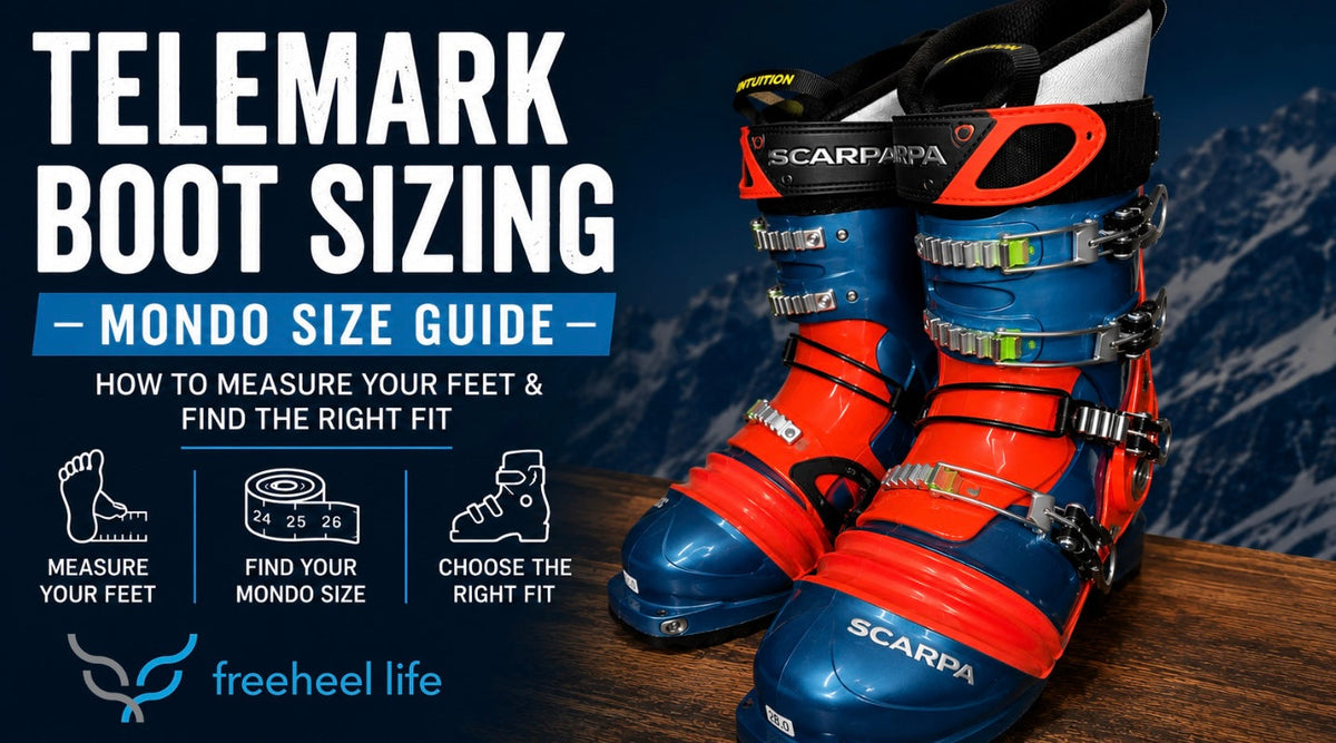Telemark Boot Sizing Guide with Scarpa, Crispi, Scott, Garmont, Black Diamond Telemark ski boots illustrating how to measure your feet, determine Mondo Point size, and choose the right boot fit.