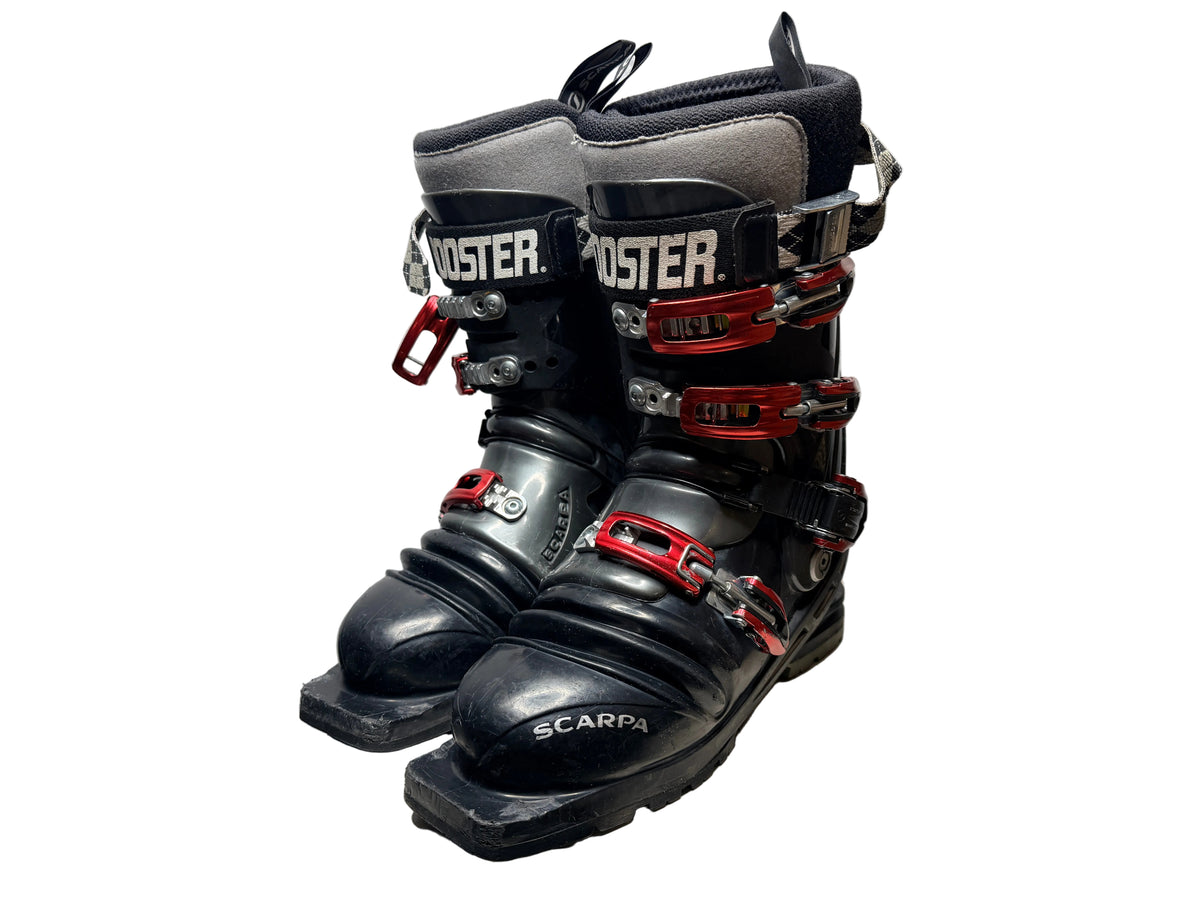 Used Scarpa T1 Telemark Ski Boots in Mondo 27.5 with Booster Power Straps. 75mm duckbill telemark boots sold by Freeheel Life.
