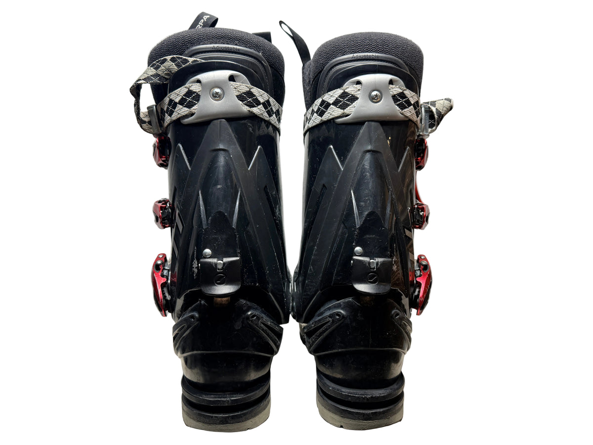 Used Scarpa T1 Telemark Ski Boots in Mondo 27.5 with Booster Power Straps. 75mm duckbill telemark boots sold by Freeheel Life.
