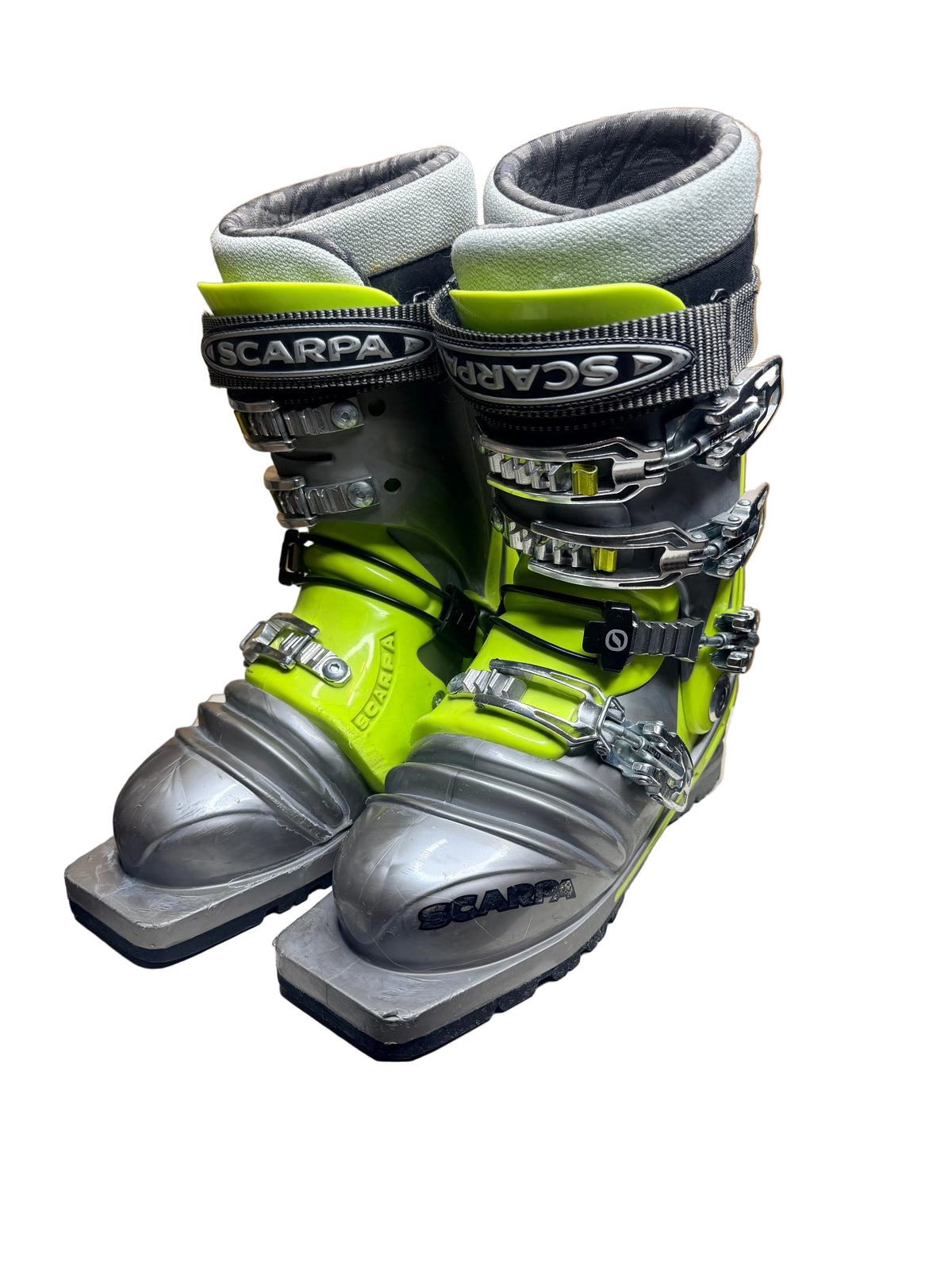 Used women's Scarpa T1 telemark boots in mondo 24.0, front view