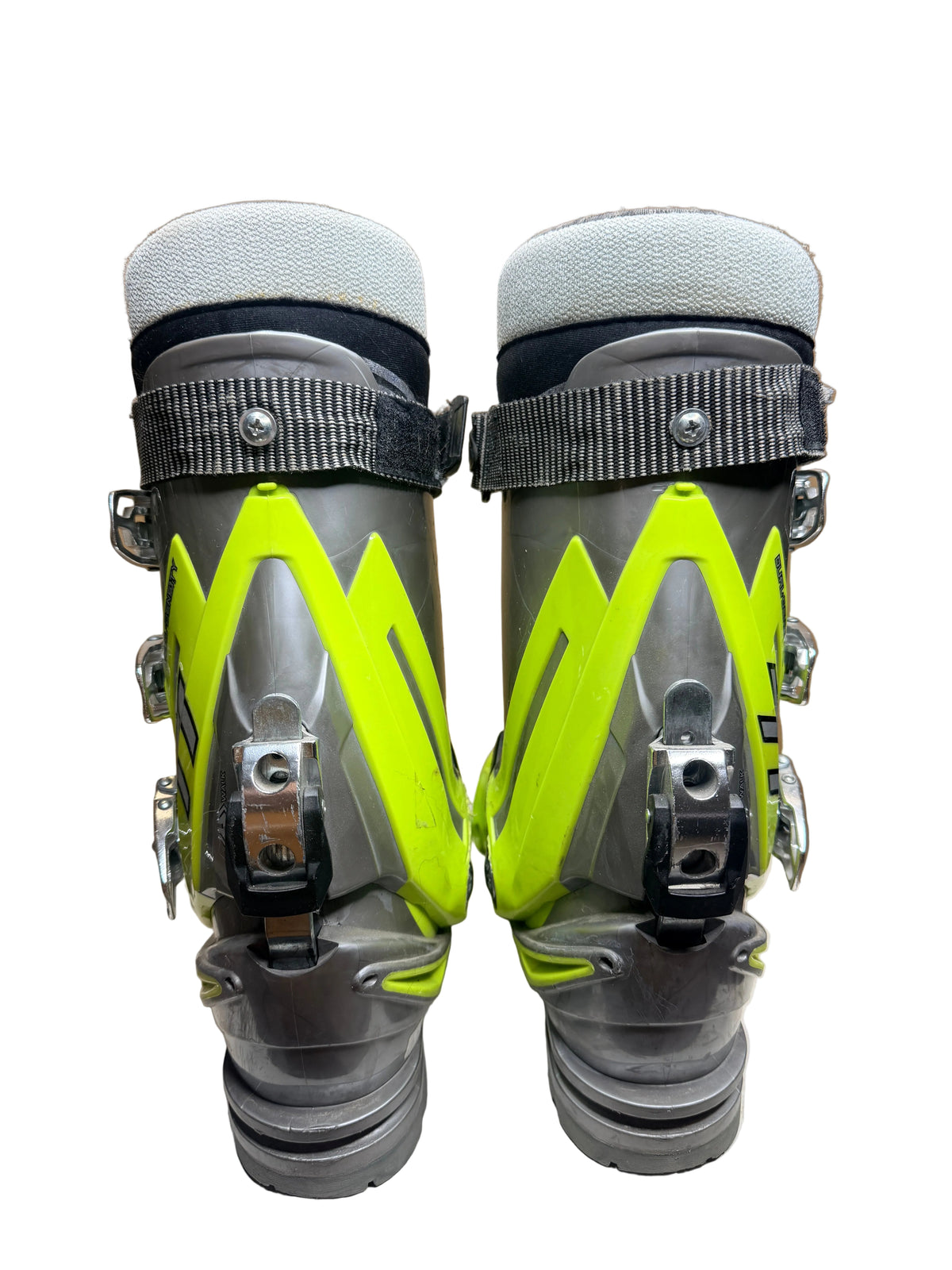 Rear view of both used Scarpa T1 boots and heel hardware