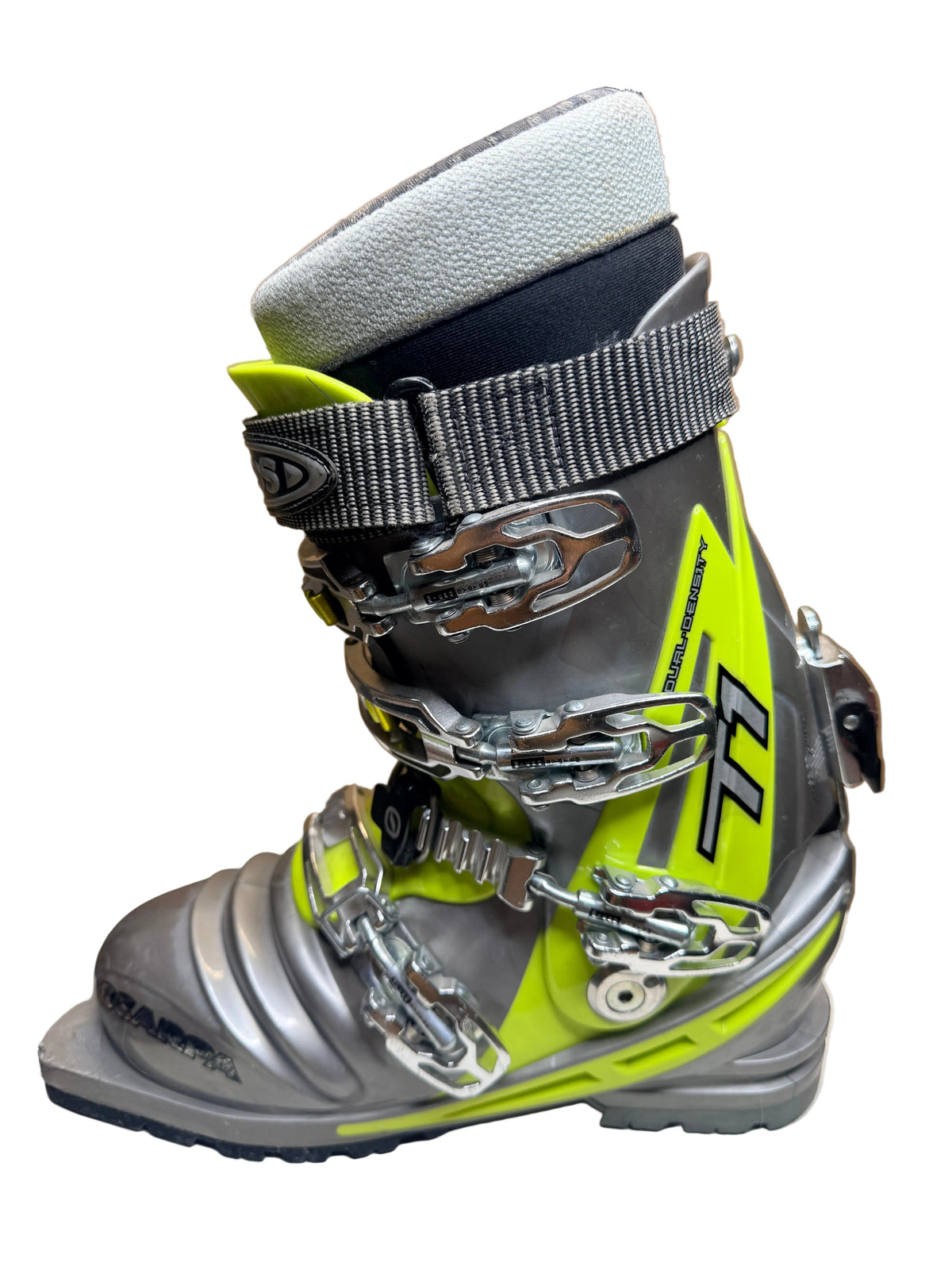 Side view of a used Scarpa T1 boot showing buckles and strap