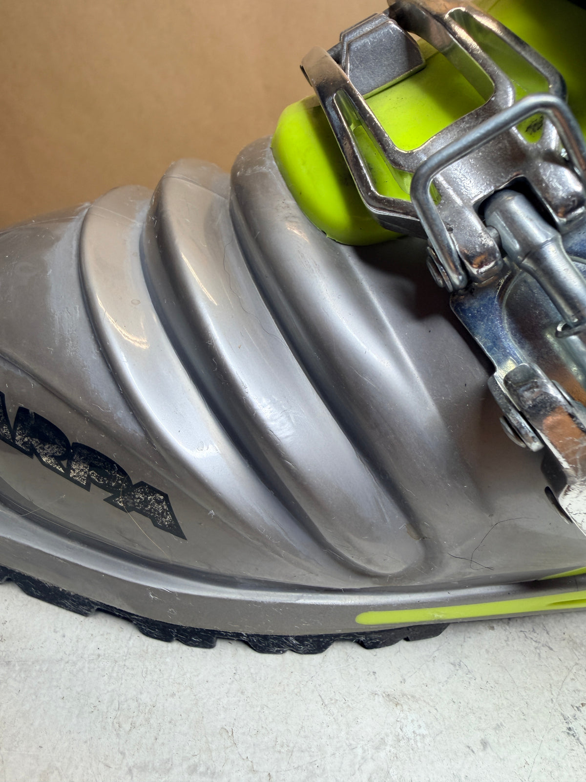 Close-up of a used Scarpa T1 boot toe and lower shell