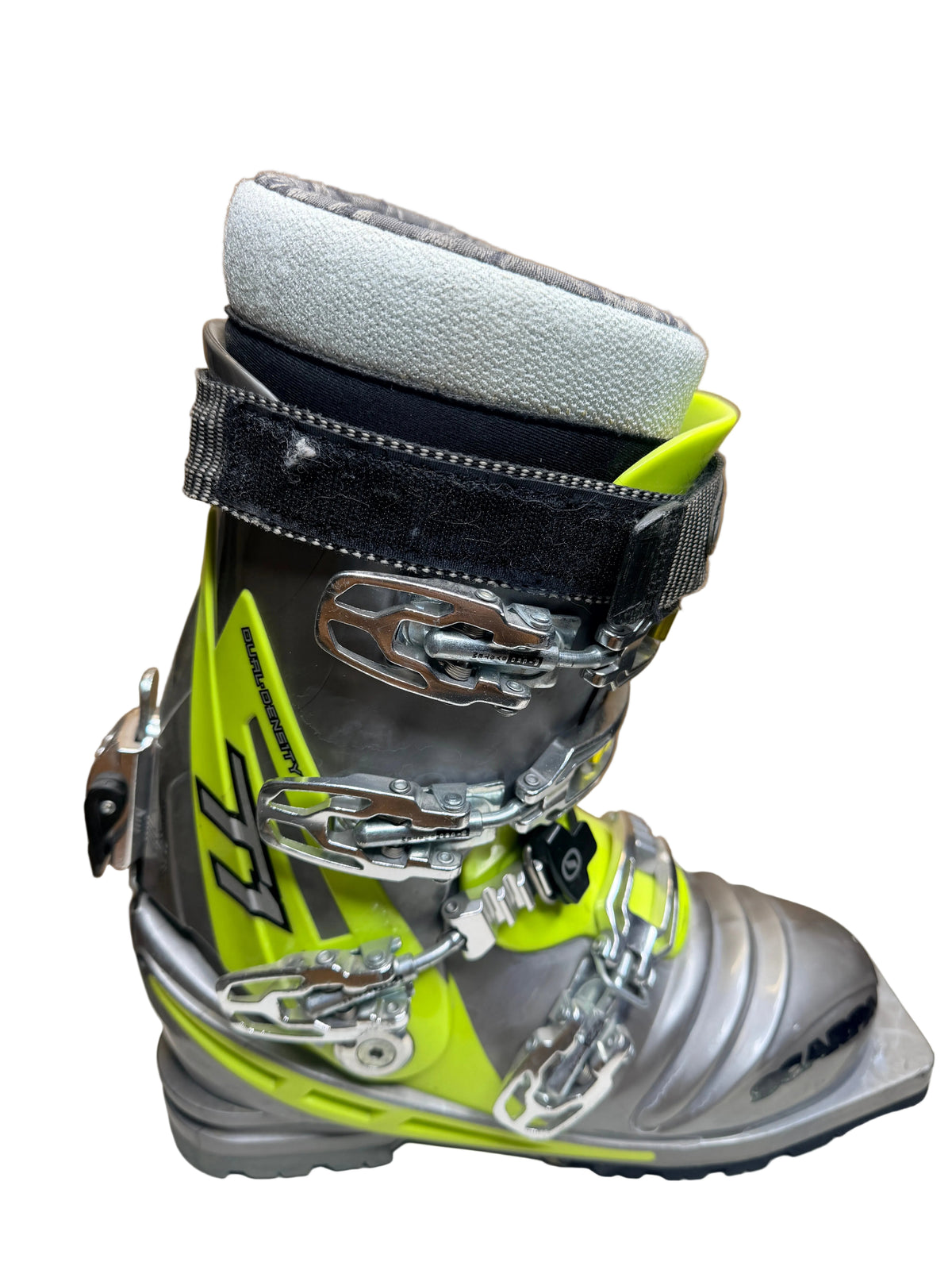 Opposite side view of used Scarpa T1 boot showing buckles and shell