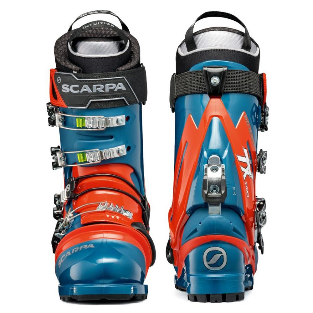orange and blue scarpa tx pro ntn telemark boot double boot front back view