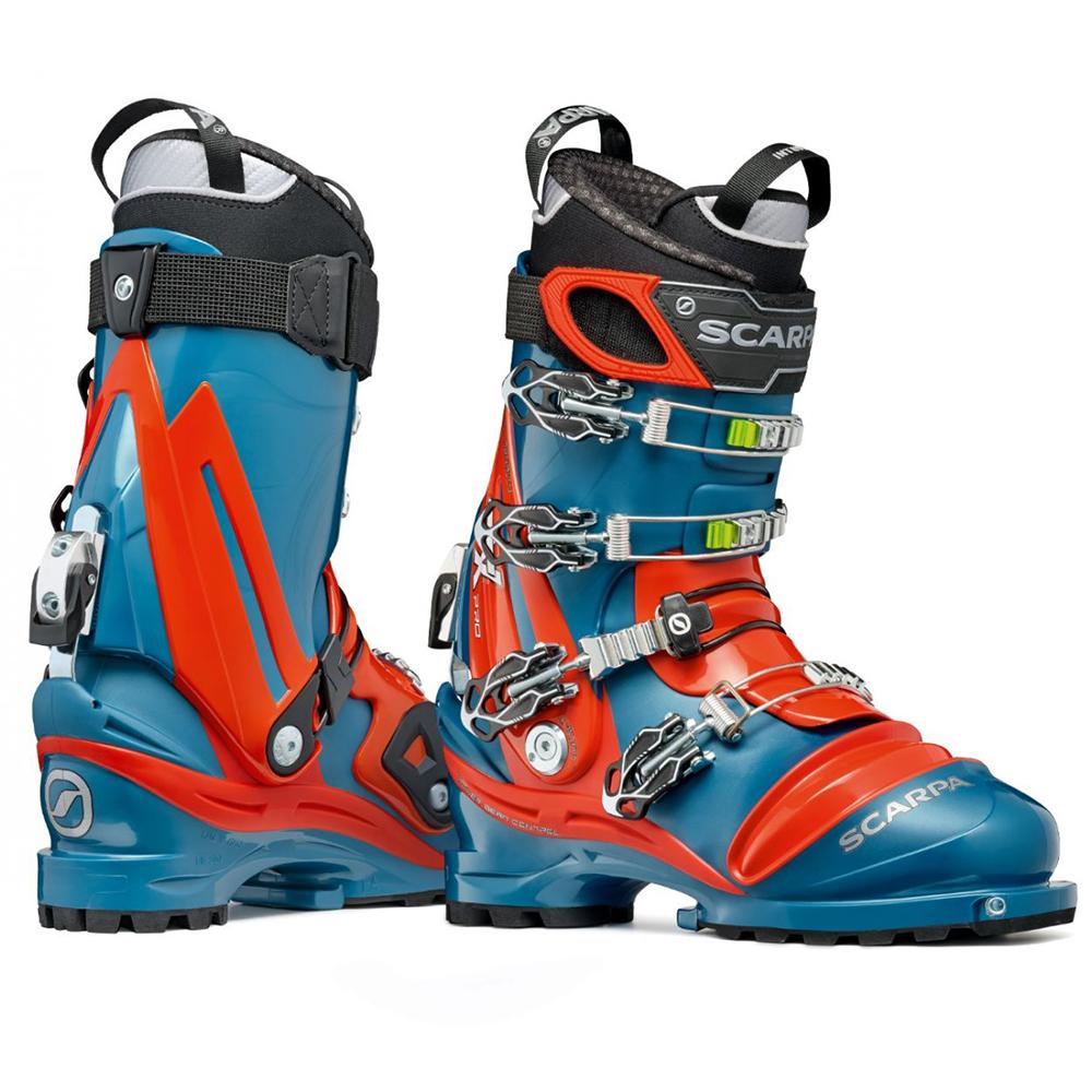 orange and blue scarpa tx pro ntn telemark boot double boot side view